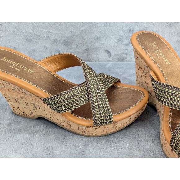 Eric Javits New York woven crisscross cork wedge 4" heels slip on made in Italy - Picture 8 of 8